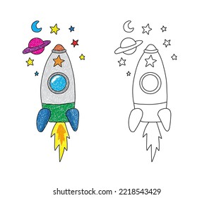 rocket color and sketch vector illustration suitable for children's content, story books, coloring books, cartoon templates