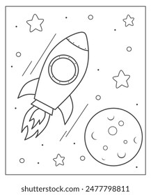 Rocket coloring page for kids, Rocket coloring activity for kindergarten, Rocket outline black and white 