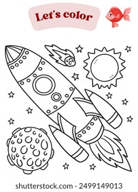 Rocket coloring page for kids. Vector illustration. Activity page for children. Home activity