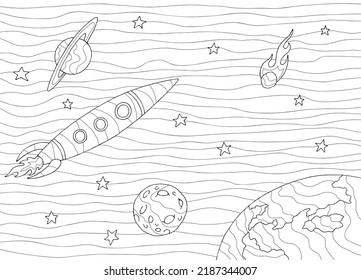 Rocket coloring space graphic black white sketch illustration vector