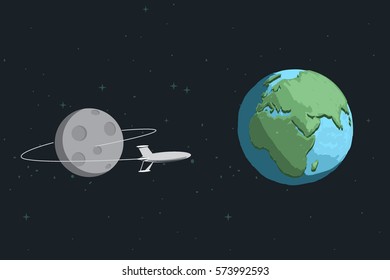 Rocket come back to Earth after mission on the Moon.Cartoon childish vector illustration.
