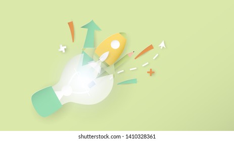 Rocket come out from idea lamp. Art craft design in paper cut style. Decoration object on pantone background for kid cover book, startup business magazine and advertisement.