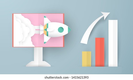 Rocket come out from laptop. Art craft design in paper cut style. Decoration object on pantone background for kid cover book, startup business magazine and advertisement.