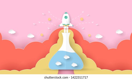 Rocket come out from Liquid Measurement. Art craft design in paper cut style. Decoration object on pantone background for kid cover book, startup business magazine and advertisement.