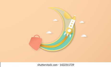 Rocket come out from the red cup. Art craft design in paper cut style. Decoration object on pantone background for kid cover book, startup business magazine and advertisement.