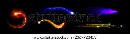 Rocket or comet fire trail and flame vector effect. Jet engine speed vfx 3d game ui design. Red fireball blast in dark night sky illustration. Abstract neon magic missile falling with blue burst