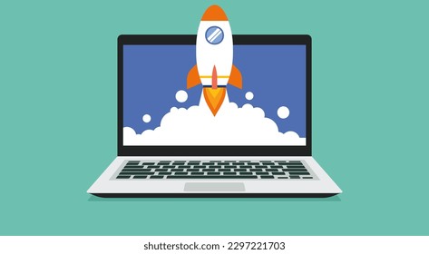Rocket coming out of computer laptop screen for business startup launch concept on top of office desk, flat vector illustration