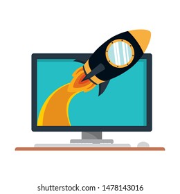 rocket coming out of computer screen of desktop