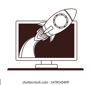 rocket coming out of computer screen of desktop
