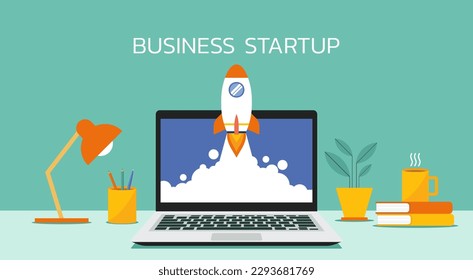 Rocket coming out of laptop screen for business startup launch concept on top of office desk, flat vector illustration