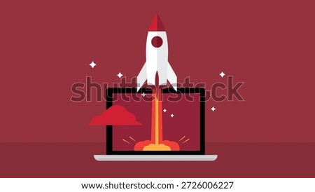 Rocket coming out of laptop screen, burgundy background. Innovation and startup concept. Vector illustration.