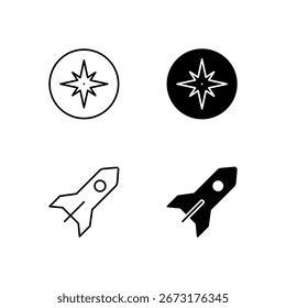 Rocket and Compass Icon Collection in Line and Solid Style