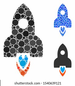 Rocket composition of circle elements in various sizes and color tints, based on rocket icon. Vector circle elements are composed into blue mosaic. Dotted rocket icon in usual and blue versions.