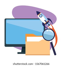 rocket and computer with folder and magnifying glass over purple and white background, colorful design , vector illustration