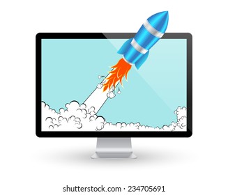 Rocket and computer screen. Startup Comic or Project Development Concept. Vector Icon