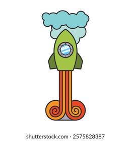 Rocket Concept Logo Vector Art with Colorful Flames and Clouds
