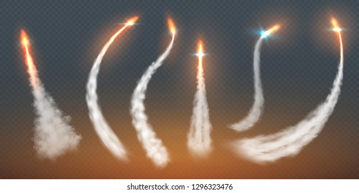 Rocket condensation trails. Fire jet steam effect airplane flight lines fly smoke fire burst. Aircraft contrail vector templates