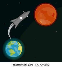 Rocket conquering Mars. Rocket flight from Earth to Mars. Flat vector illustration.