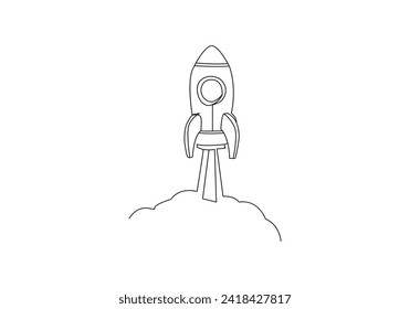 Cohete en el plano continuo de una línea. Ilustración vectorial de la línea de lanzamiento del cohete espacial
