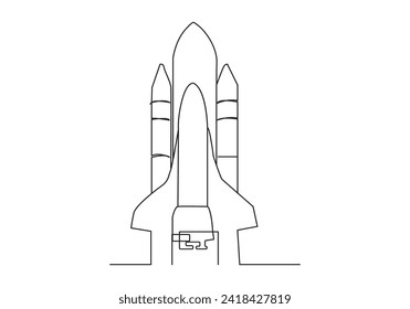 Cohete en el plano continuo de una línea. Ilustración vectorial de la línea de lanzamiento del cohete espacial
