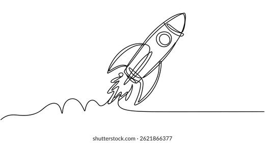 Foguete contínuo um desenho de linha. Espaçonave, sinal de lançamento de foguete em estilo linear simples. Ilustração vetorial, Desenho de linha contínua do ícone de espaçonave. Ilustração De Vetor De Símbolo Desenhado À Mão, Simples.