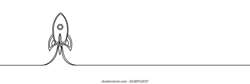 Rocket continuous one line drawing. Spaceship, rocket launch sign in simple linear style. Vector illustration.