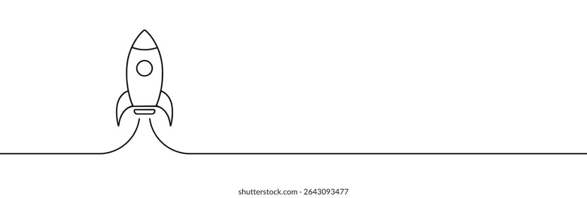 Cohete continuo de una línea de dibujo. Nave espacial, Iniciar sesión de lanzamiento de cohetes estilo lineal simple. Ilustración vectorial.