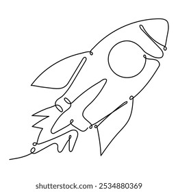 Foguete Contínuo Uma Linha. Espaçonave em Line Art. Fundo branco isolado