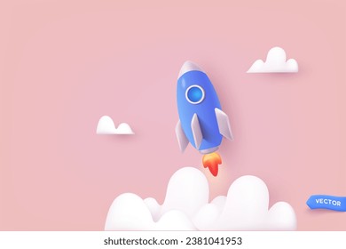 Rocket and copy space for start up. Successful startup business concept. 3D Vector Illustrations.