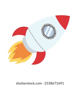 Rocket, cosmos explore vehicle. Spaceship transport. Vector isolated on white background