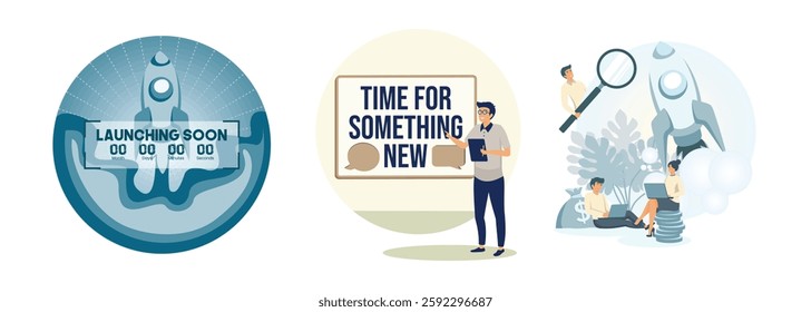 Rocket with a countdown timer theme indicating a product or project launch. Confident man in business attire introducing new ideas with a presentation board. Teamwork and entrepreneurship.