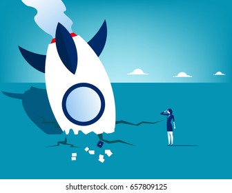 Rocket crash and businesswoman. Concept business technology vector illustration.