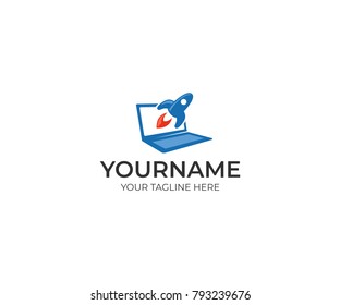 Rocket crashes out of the laptop logo template. Startup idea vector design. Abstract business illustration