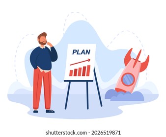 Rocket crashing due to poor plan of businessman. Bankrupt loser with bad idea or unsuccessful strategy flat vector illustration. Startup, business failure concept for website design or landing page