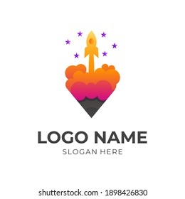 rocket creative logo, pencil and rocket, combination logo with 3d  orange and purple color style
