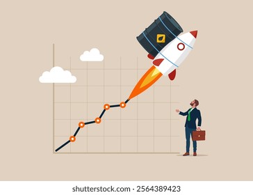 Rocket with crude oil barrel flying high up into the sky. Price skyrocket reaching record. Modern flat style vector illustration