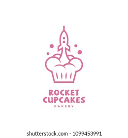 Rocket cupcakes logo design template in linear style. Vector illustration.