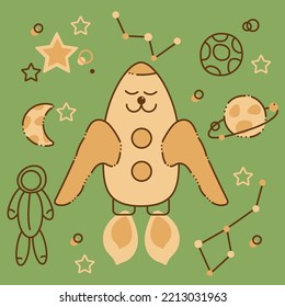Rakete. Echte Charakterrakete, Planeten, Mond, Sterne, Sternbilder, Astronauten. Cartoon doodle Illustration.