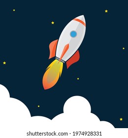 Rocket in the dark sky with yellow stars and white clouds. Rocket launching. White and orange rocket vector illustrator design.