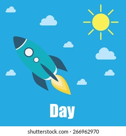 rocket in the daytime sky with clouds and sun. vector. isolated