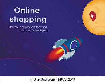 Rocket Delivering Order to Moon Flat Cartoon Banner Vector Illustration. Express Delivery Service. Spacecraft Flying to Destination, Mark Point. Fast Shipping. Online Shopping. Outer Space.