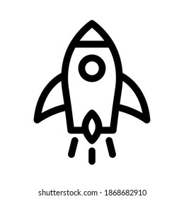 Rocket deployment with fire on white background. Vector illustration with flying rocket. Space travel