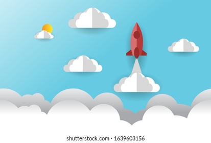 Rocket Design with cloud template. paper art style for banner