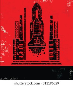 Rocket design on red background, grunge vector