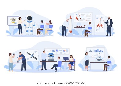 Rocket Designer Spaceship Construction Engineering Presentation Set Isometric Vector Illustration. Commercial Cosmic Space Suit Development Creative Innovation Idea People Corporate Report Meeting