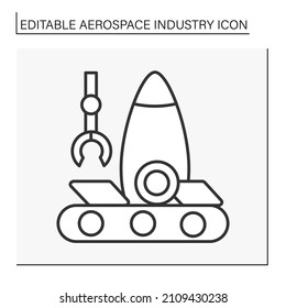  Icono de línea de detalles del cohete. Diseño de motores y elementos de cohetes. Desarrollo y manufactura. Concepto de la industria aeroespacial. Ilustración vectorial aislada. Trazo editable