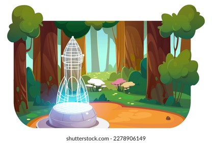 Rocket digital hologram in forest. Summer woods landscape with trees, flowers, grass and futuristic hologram of wireframe spaceship on glade, vector cartoon illustration