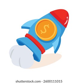 Rocket with a dollar sign denoting financial launch 3d icon