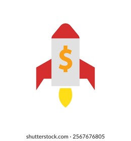 Rocket with dollar sign graphic launching skyward. Suitable for financial concepts, business growth, investment themes, and rocketing success design.