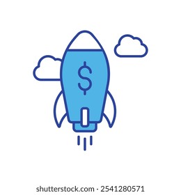 Cohete con icono de signo de dólar aislado en un fondo blanco. Ilustración vectorial.
